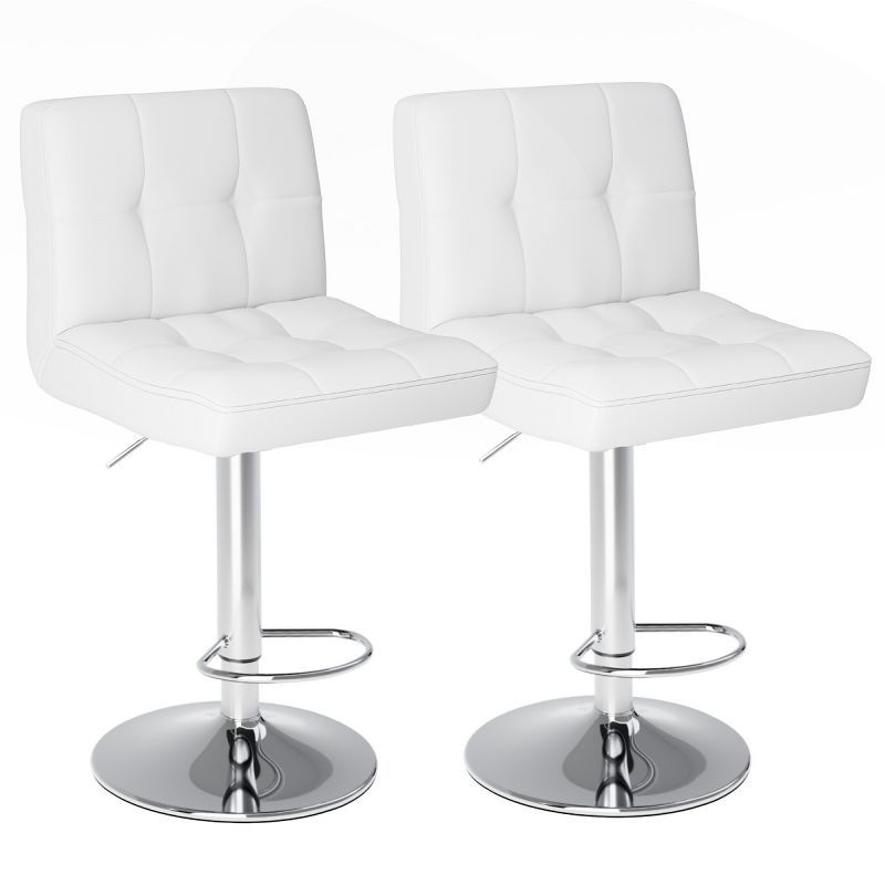 Set of 2 White Adjustable Swivel Bar Stools with Metal Base