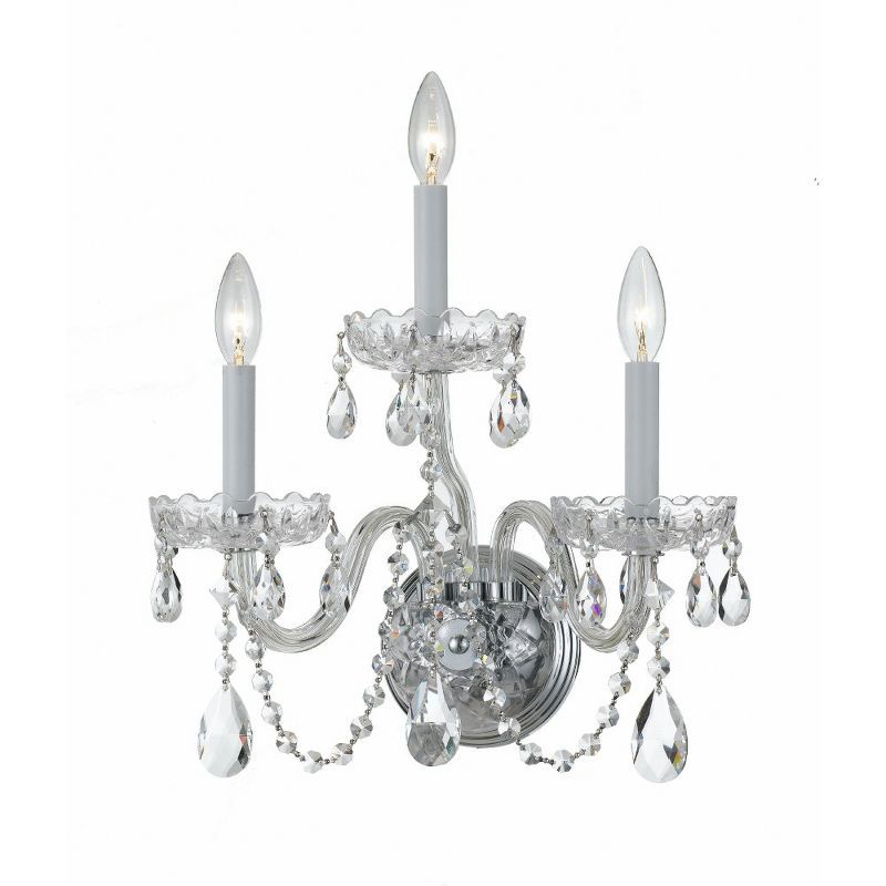 Elegant Polished Chrome 3-Light Wall Sconce with Clear Hand Cut Crystals