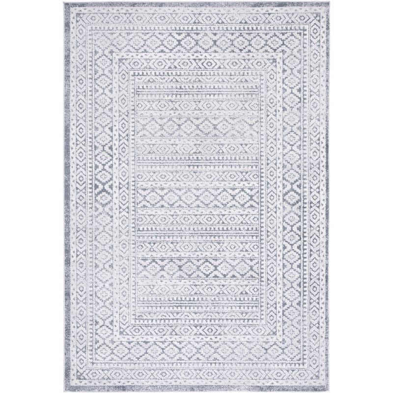 Abstract Gray and Ivory Synthetic 9' x 12' Hand-Knotted Rug