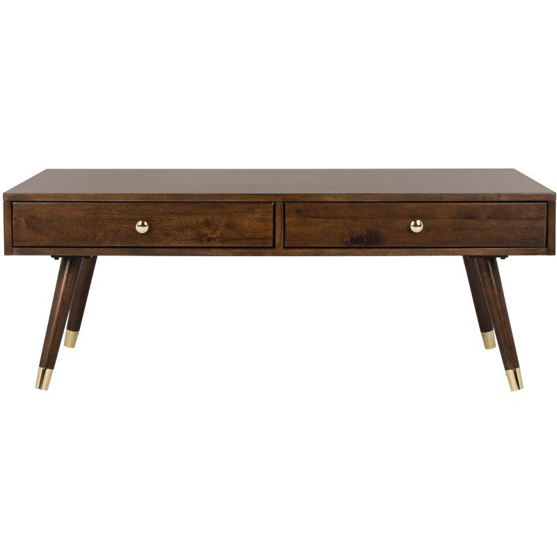 Transitional Mid-Century 48" Brown Wood Coffee Table with Gold Caps