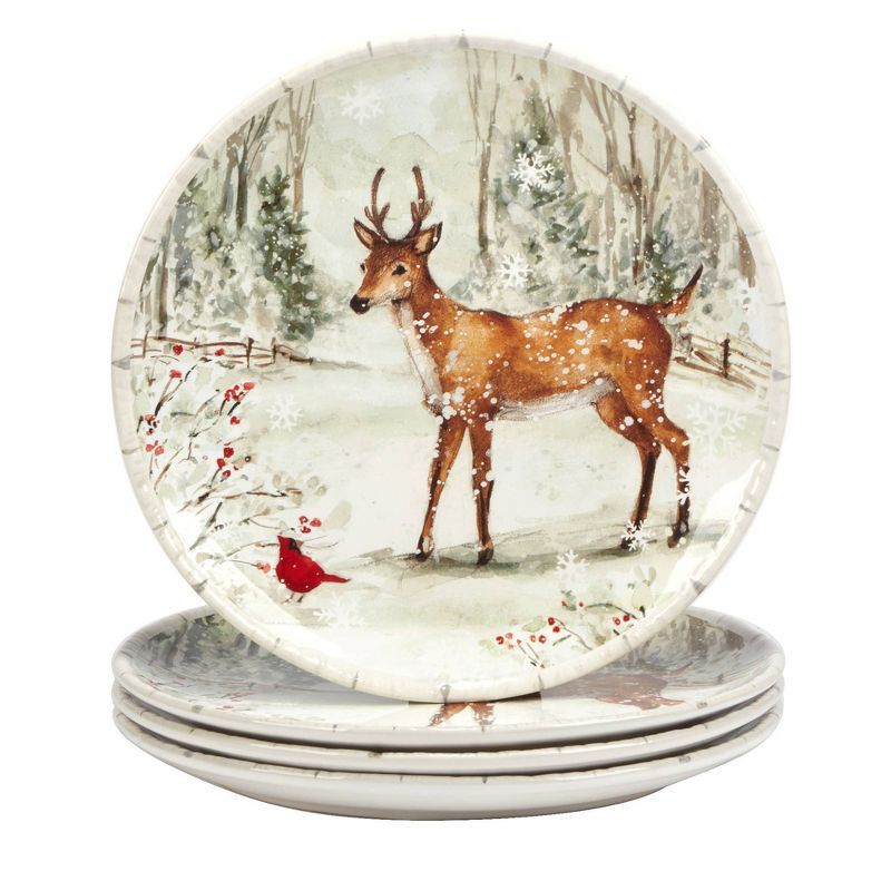 Winter Reindeer and Cardinal Ceramic Dinner Plates Set