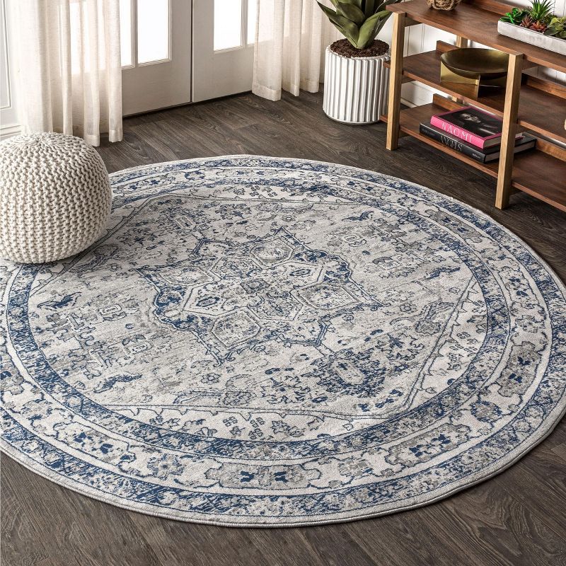 Light Grey and Navy Round Synthetic Persian Medallion Rug