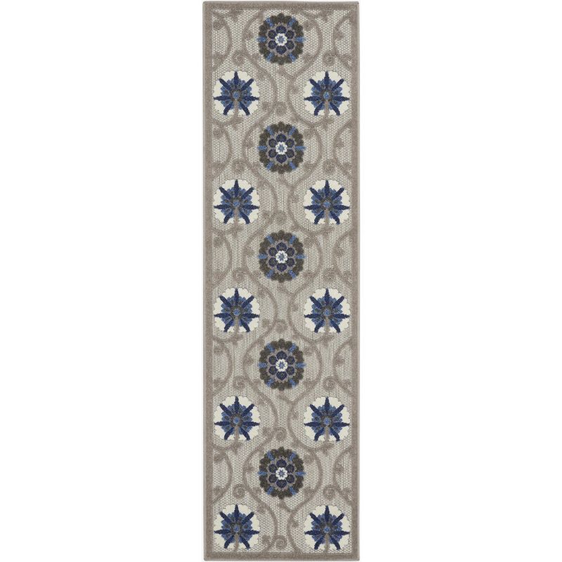 Blue/Grey Floral Flat Woven Synthetic Outdoor Rug, 2'3" x 8'