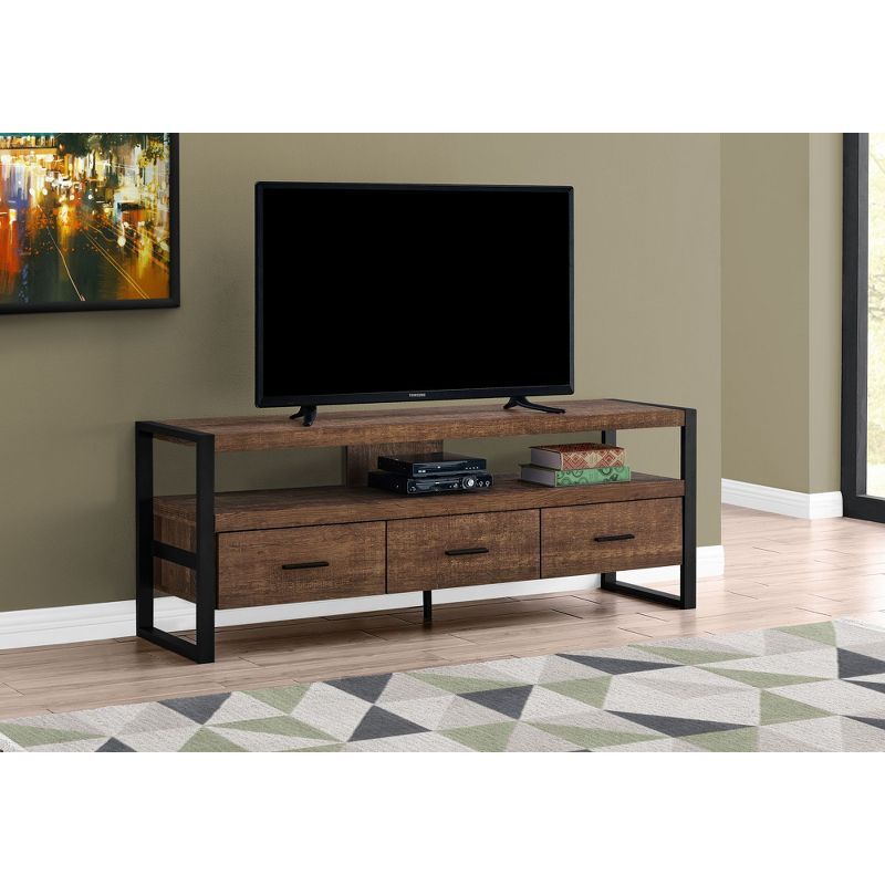 Brown Reclaimed Wood 60" TV Stand with Black Metal Frame and 3 Drawers