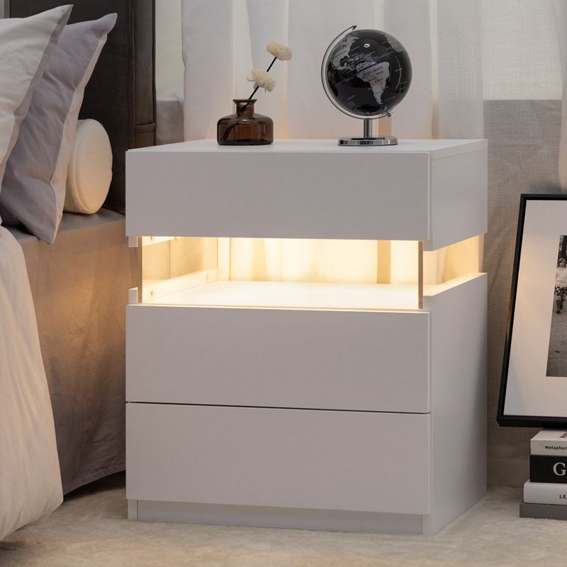 White 3-Drawer LED Nightstand with Acrylic Panels