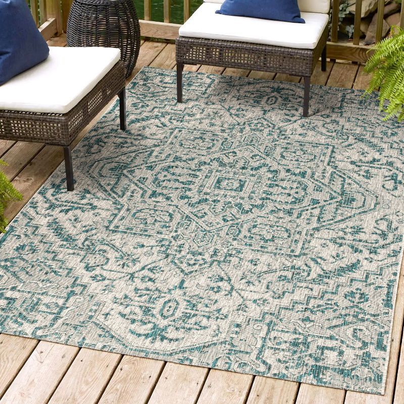 Teal and Gray Synthetic Medallion Flat Woven Area Rug