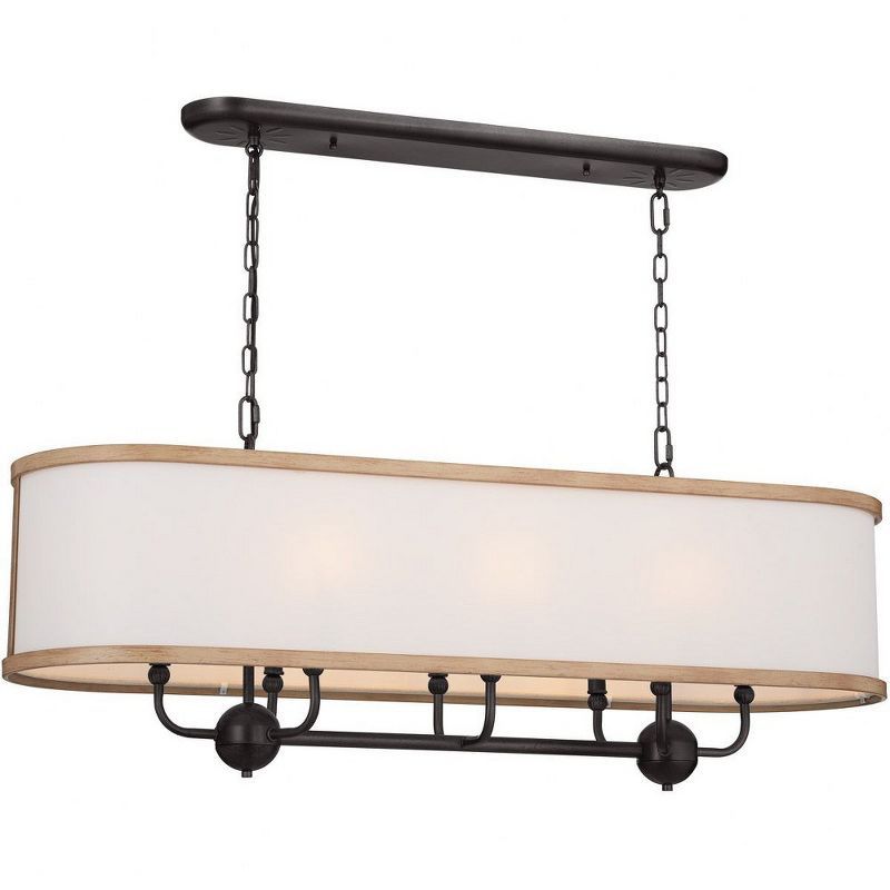 Anvil Iron and Beech Wood 8-Light Linear Chandelier with White Fabric Shade