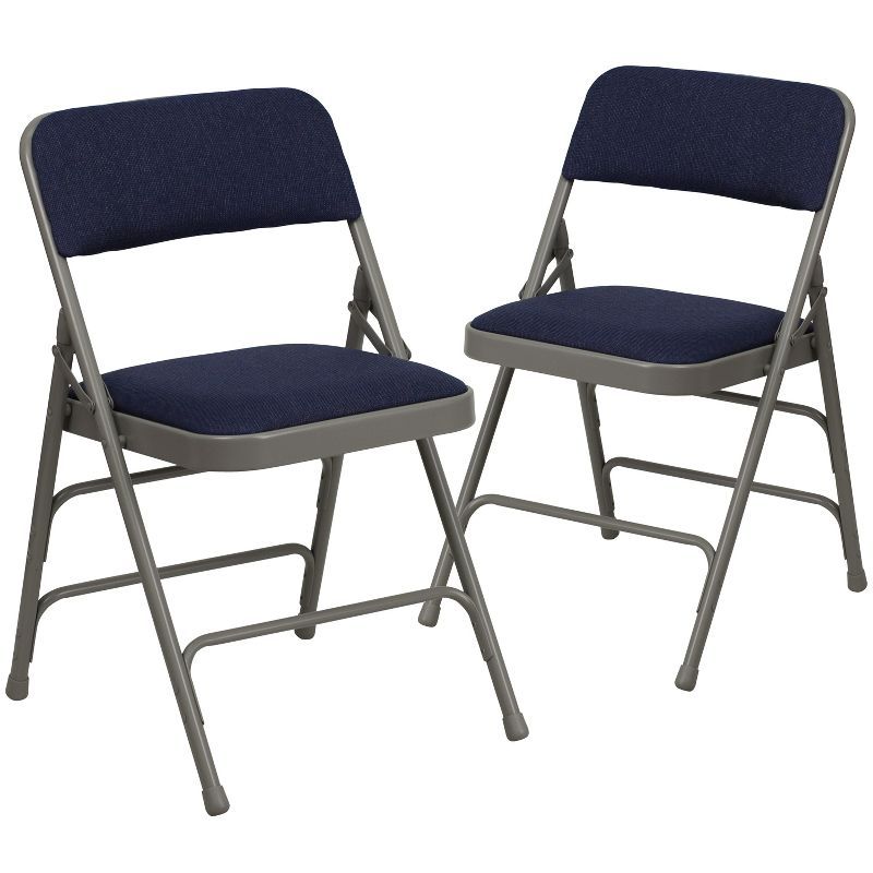 Navy Fabric and Gray Metal Armless Folding Chairs, Set of 2