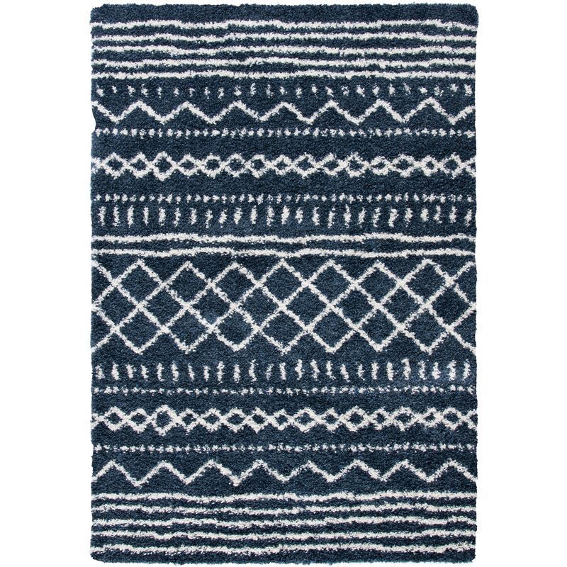 Slate Blue and Ivory Rectangular Geometric Shag Area Rug
