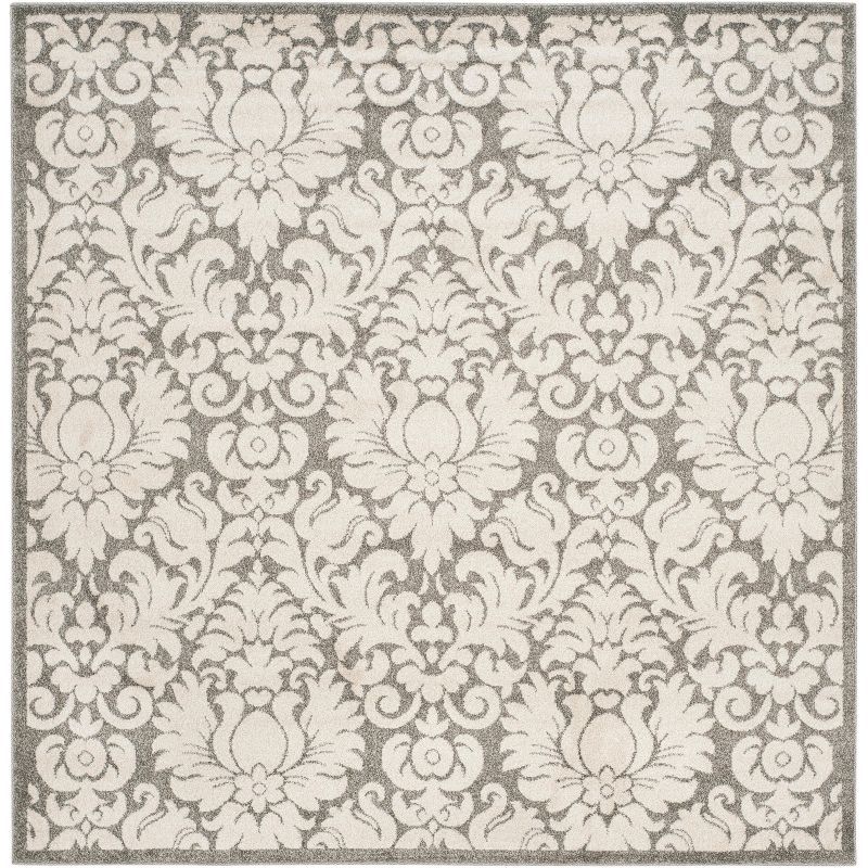 Gray and Cream Damask Square Synthetic Area Rug