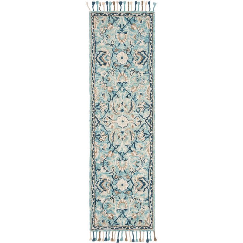 Premium Wool Blue/Ivory Floral Fringed Runner Rug, 2'3" x 12'