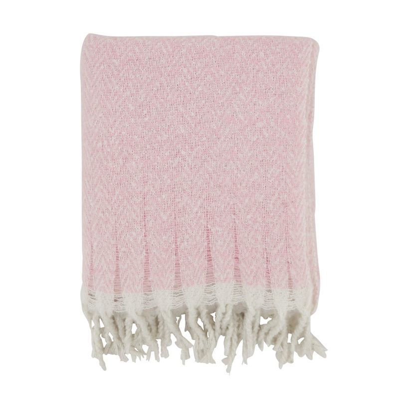 Pink Faux Mohair Herringbone Fringed Throw Blanket