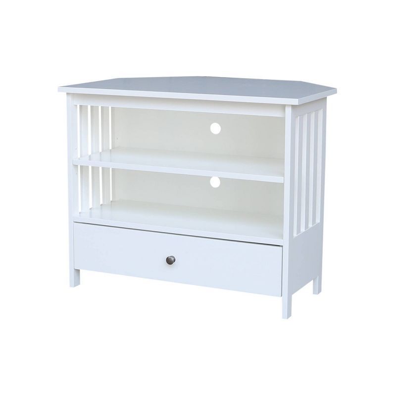 White Solid Wood Corner TV Stand with Shelves and Drawer