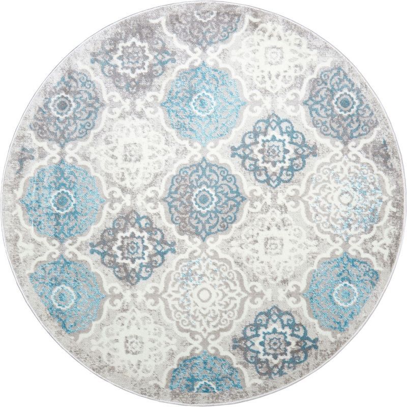 Blue and Gray Round Medallion Washable Area Rug