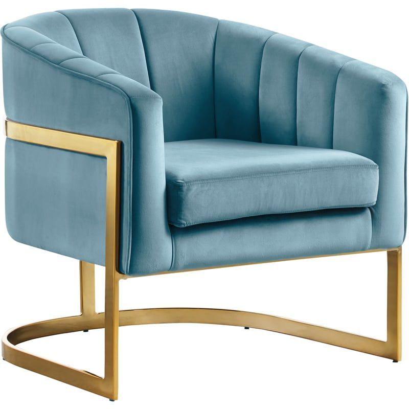 Aqua Velvet Barrel Accent Chair with Gold Stainless Steel Base