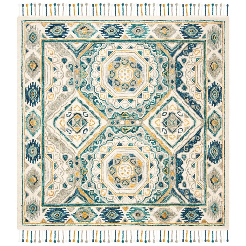 Ivory and Charcoal Square Wool Bohemian Area Rug