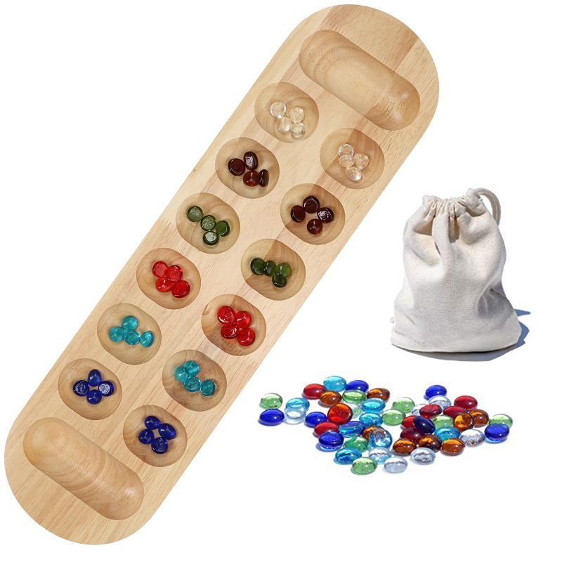 22 Inch Natural Wood Mancala Board Game with Glass Stones