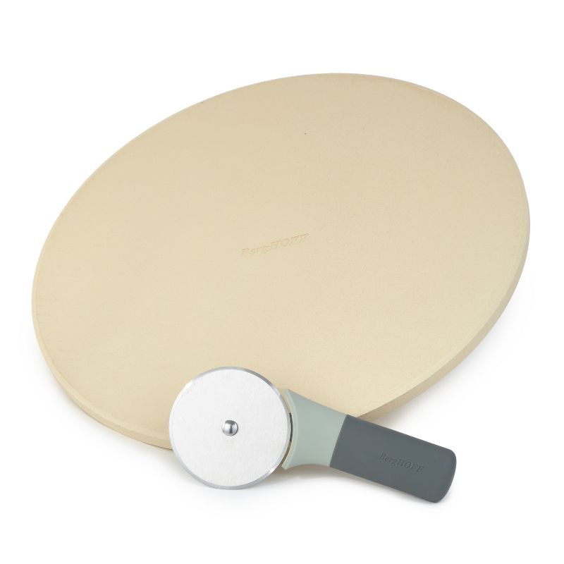 Large Beige Cordierite Pizza Stone with Gray Pizza Cutter