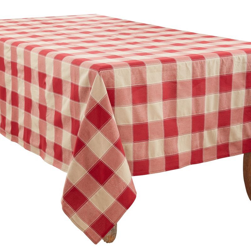 Red and Beige Stitched Plaid Cotton-Polyester Tablecloth