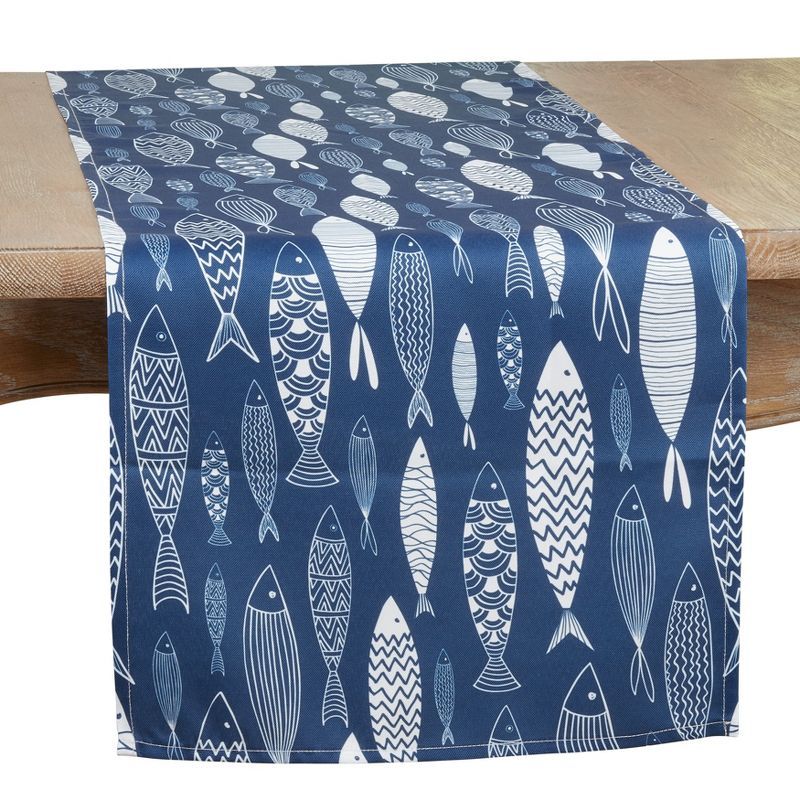 Navy Blue Fish Design Polyester Table Runner, 16"x70"