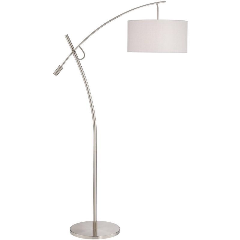 Adjustable Brushed Steel Arc Floor Lamp with Off-White Linen Shade