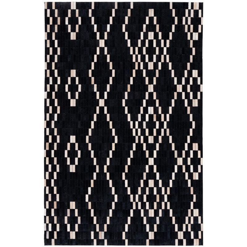 Hand-Stitched Geometric Black Cowhide 4' x 6' Area Rug