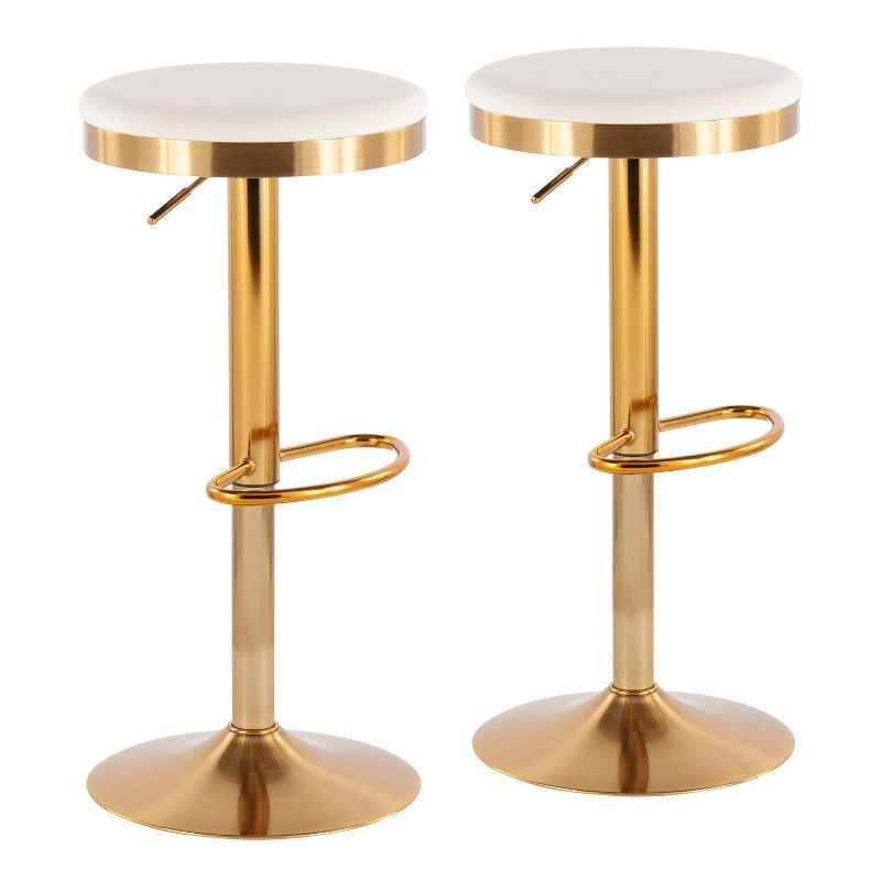 Set of 2 Gold Steel and Cream Velvet Adjustable Swivel Bar Stools