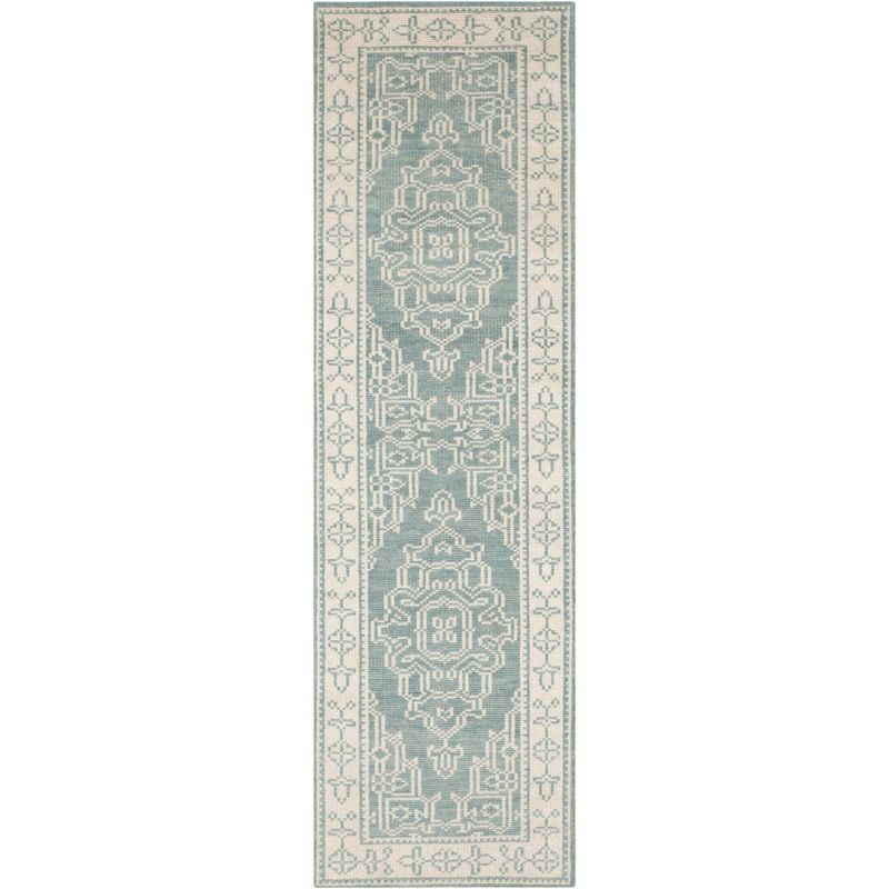 Ivory and Blue Hand-Knotted Wool Area Rug, 2'3" x 8'