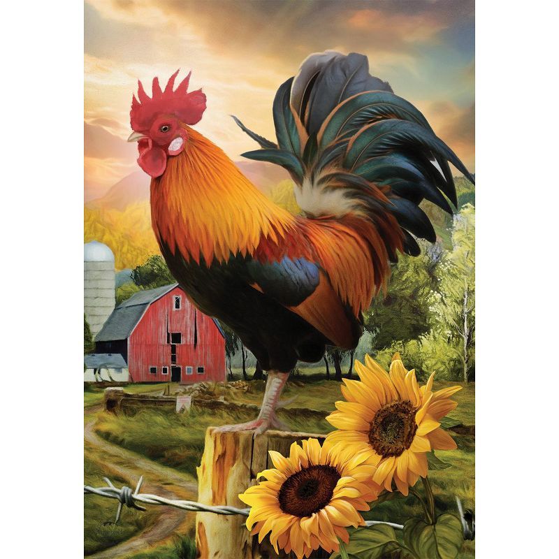 Fancy Rooster Summer Garden Flag with Sunflowers