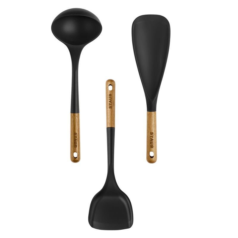 Staub Matte Black Silicone and Acacia Wood 3-Piece Cooking Utensil Set