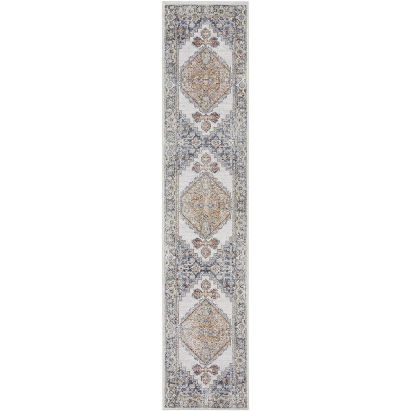 Astra Vintage Medallion Grey and Gold Washable Wool Runner Rug