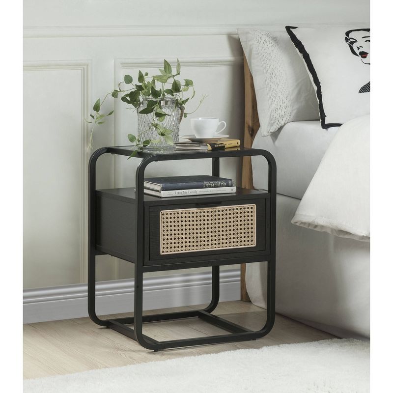 Black Metal and Wood Accent Table with Rattan Drawer