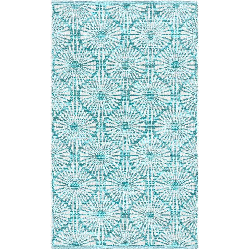 Aqua and Ivory Hand Woven Cotton Area Rug, 3' x 5'