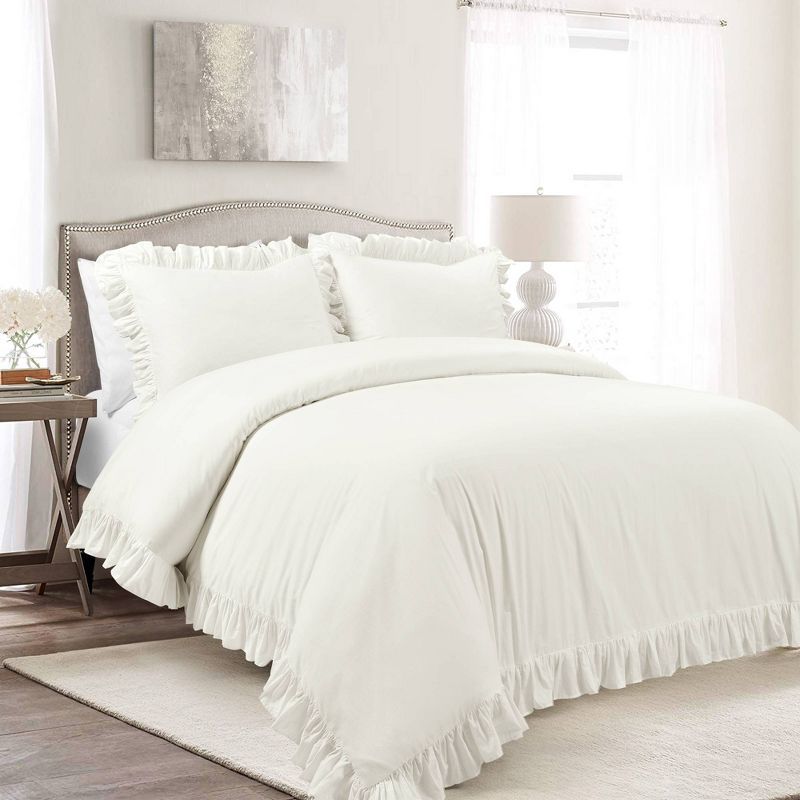 California King Off-White Cotton Ruffled Duvet Cover Set
