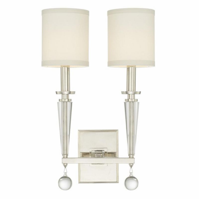 Paxton Elegance 2-Light Polished Nickel Sconce with Silk Shade and Glass Drops