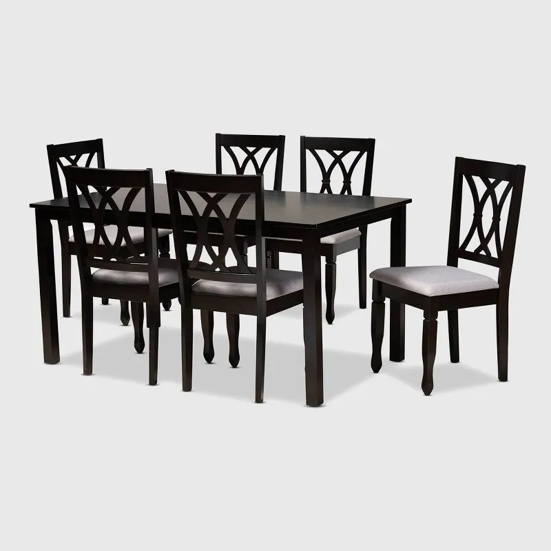 Espresso Solid Rubberwood 7-Piece Dining Set with Sand Gray Upholstered Chairs