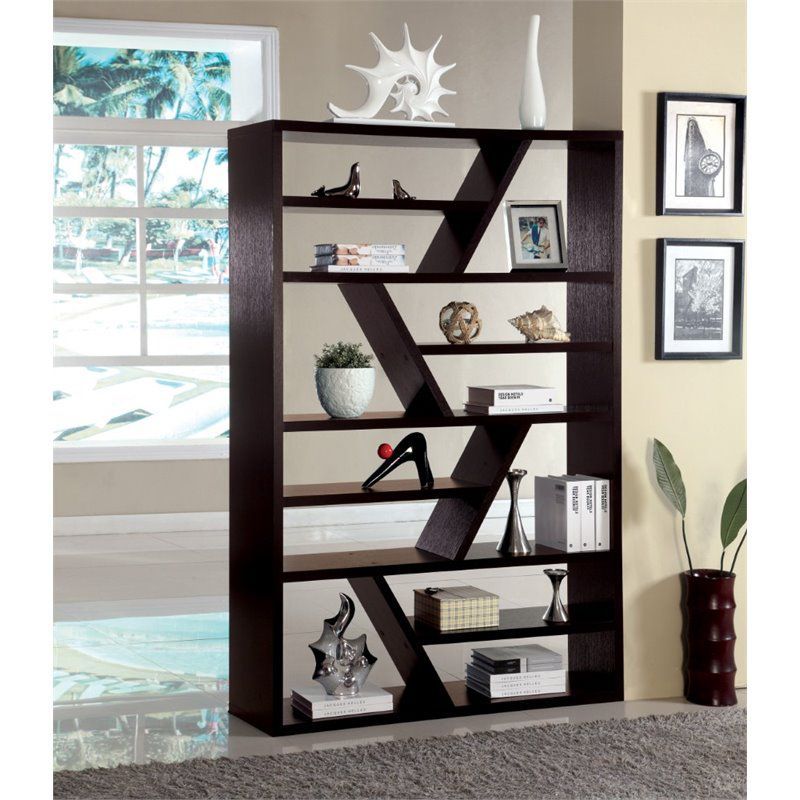 Espresso Zigzag Solid Wood Modern Bookcase with Open Shelves