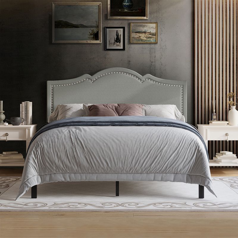 Elegant Queen Size Light Grey Linen Upholstered Platform Bed with Nailhead Trim