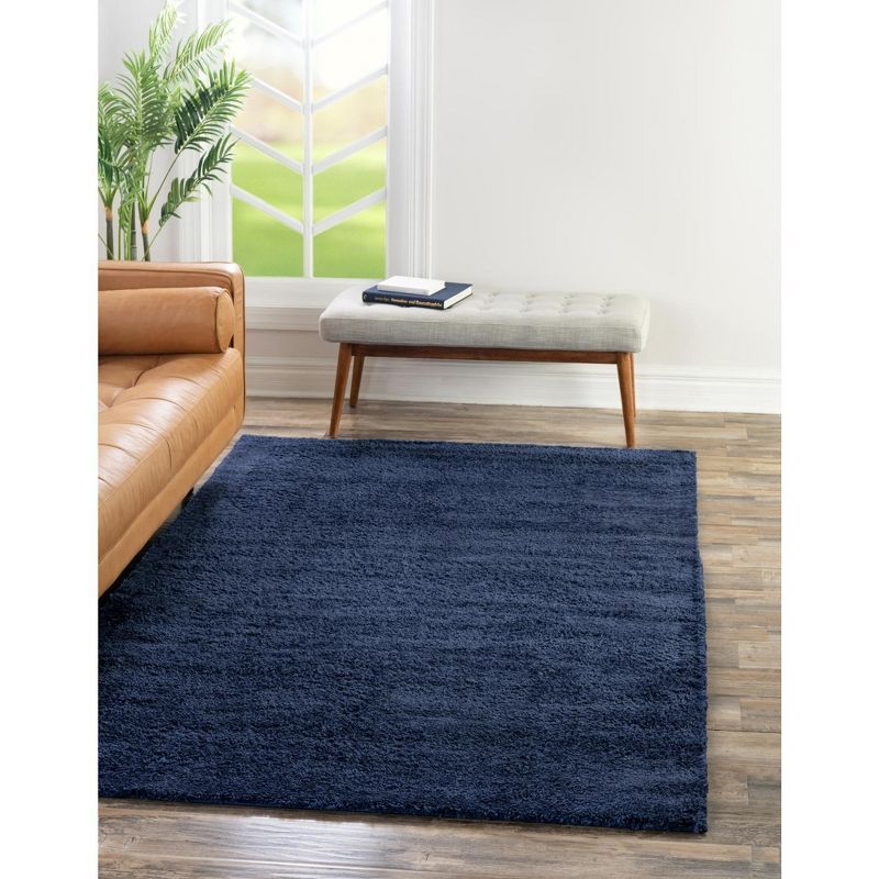 Navy Blue Rectangular Shag 10' x 14' Synthetic Rug