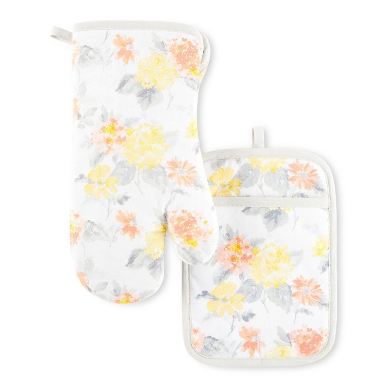 Amber Floral Cotton Oven Mitt and Pot Holder Set with Silicone Grip