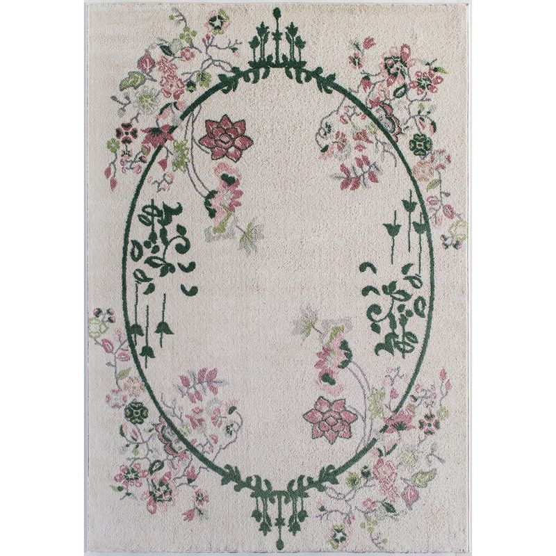 Ivory and Pink Floral Oval Transitional Area Rug 9' x 12'