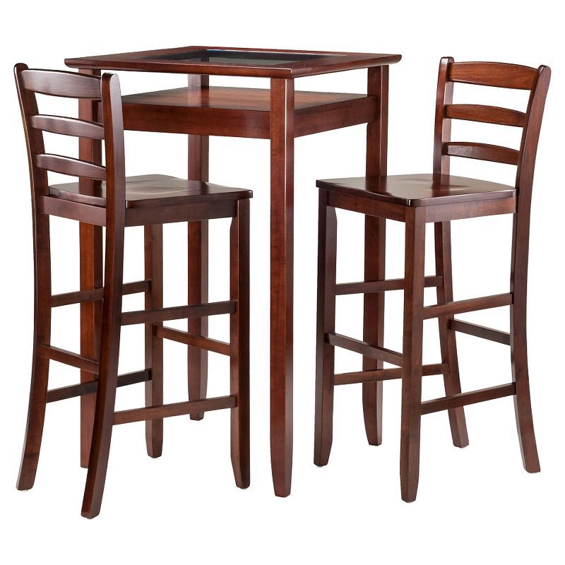 Walnut Transitional Pub Table with Glass Inset and 2 Chairs