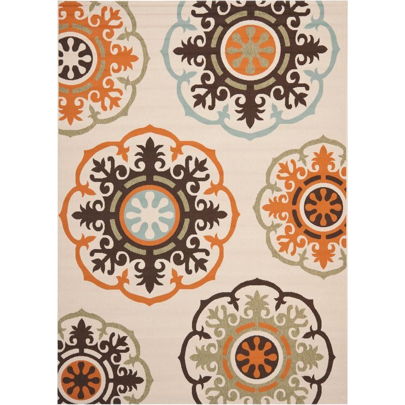 Cream and Terracotta Floral Synthetic Indoor/Outdoor Area Rug