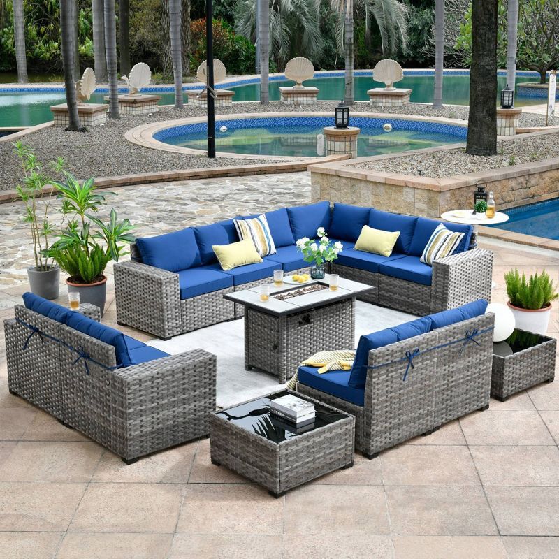 Marlton 13-Piece Gray Wicker Outdoor Sofa Set with Fire Pit