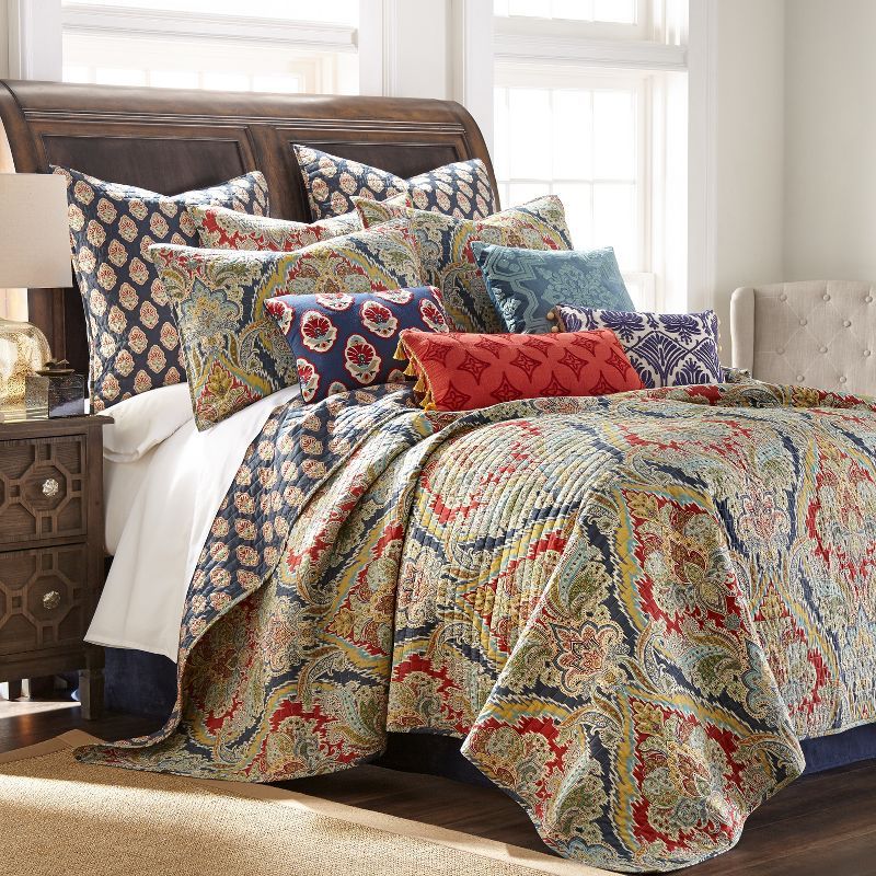 Twin Blue Cotton Reversible Boho-Chic Quilt Set