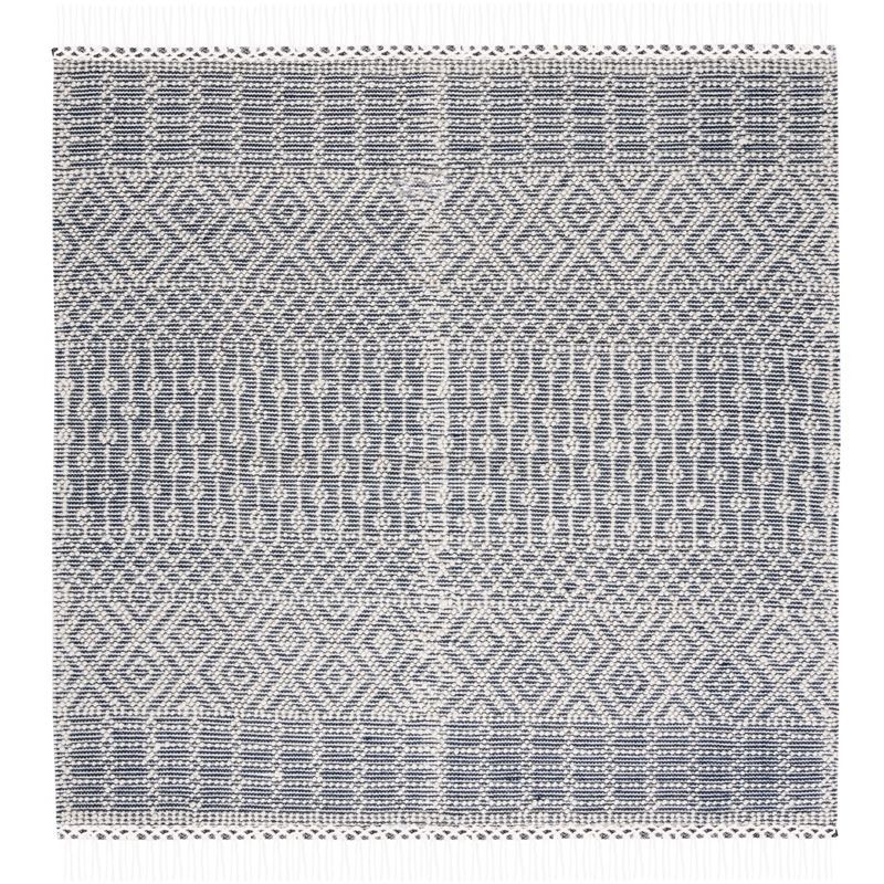 Ivory and Navy Flat Woven Wool Square Area Rug