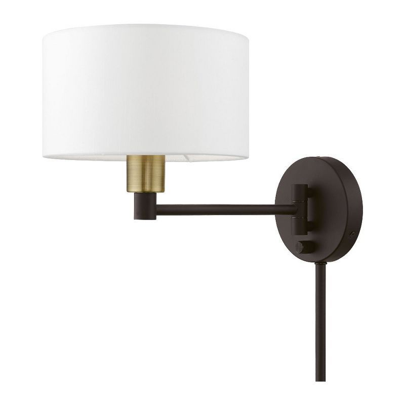 Bronze and Antique Brass Swing Arm Wall Lamp with Off-White Shade