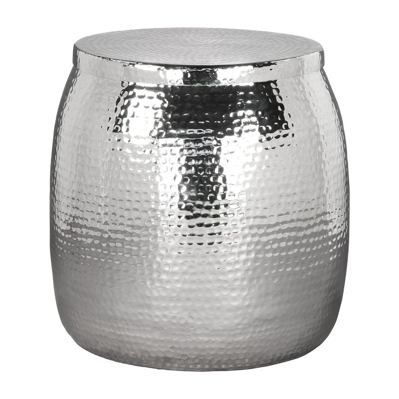 Silver Hammered Metal Drum Accent Table