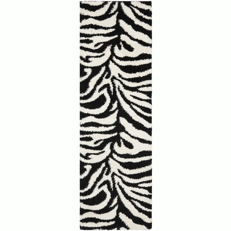 Black and Ivory Zebra Print Shag Runner Rug 2'3" x 7'