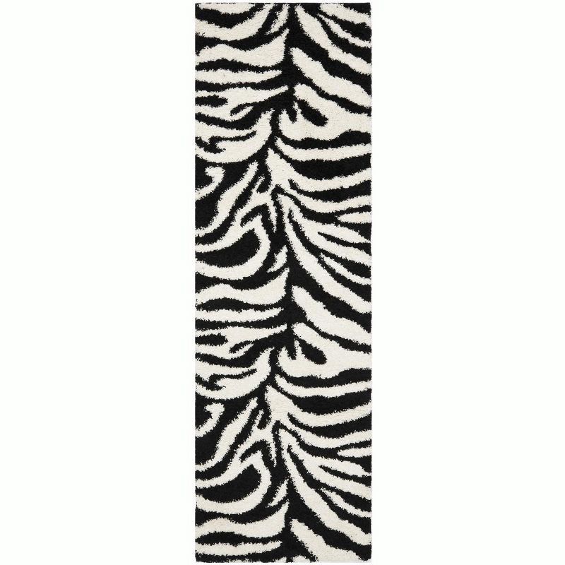 Ivory and Black Stripe Hand-Knotted Shag Runner Rug 2'3" x 11'